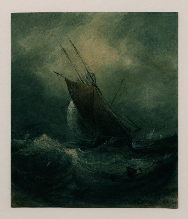 A schooner in a fresh gale and choppy seas. Called 'A Seascape'