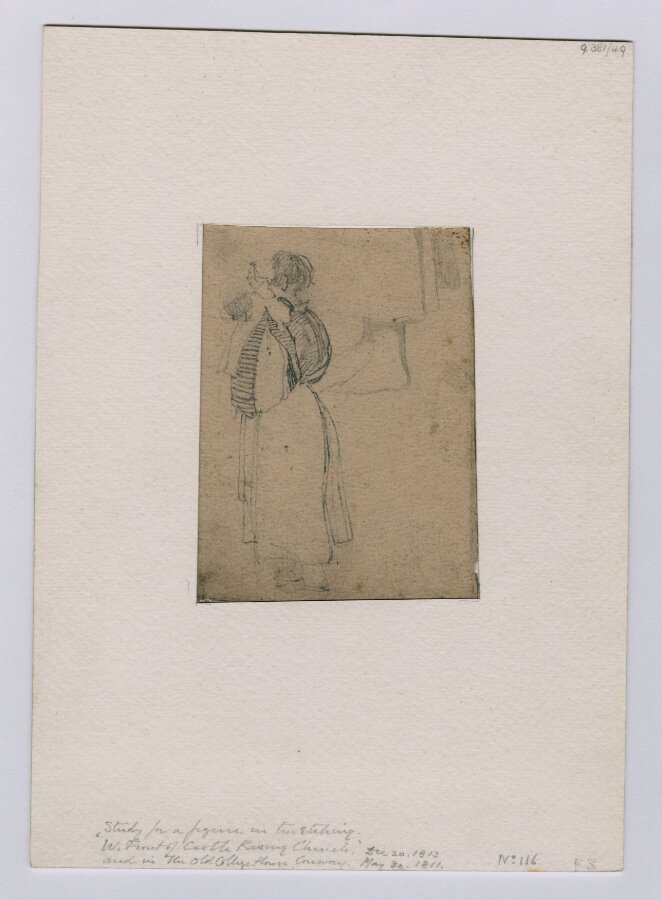 A girl carrying a child on her arm, with a detail of feet above right. Used in the etchings of The Old College House, Conway, published 1811, and The West Front of Castle Rising Church, published 1813. Called 'Study of three figures'.